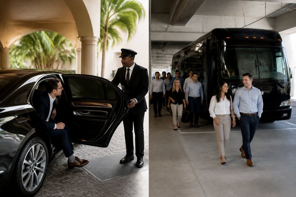 Professional business travelers in business attire boarding a luxury sedan with a uniformed chauffeur standing at the door, alongside a separate scene of a large group of corporate employees in business casual exiting a modern full-size shuttle bus in a parking garage with natural daylight