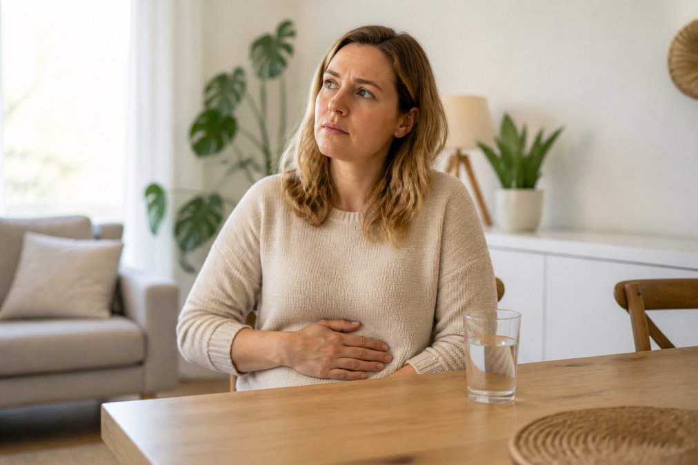 Persoon met buikpijn aan een eettafel tijdens de vergelijking van SIBO vs PDS symptomen in een rustige woonkamer