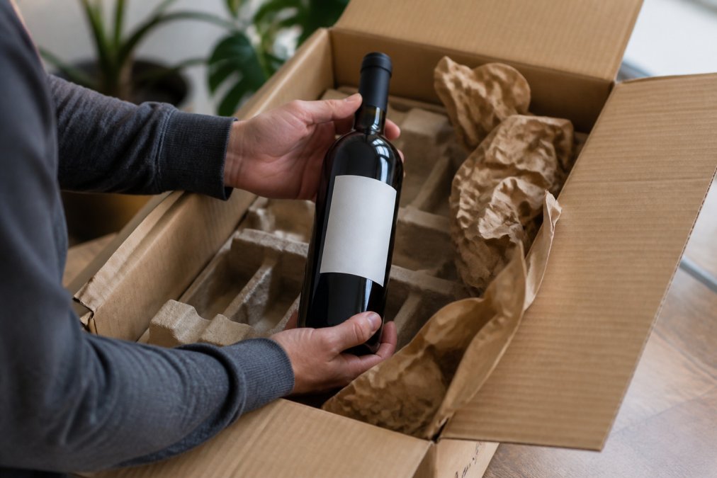 Nahaufnahme einer Weinflaschenlieferung, die gerade ausgepackt wird, mit Blick auf die Verpackungsmaterialien, Polsterung und eine intakte Flasche mit Etikett