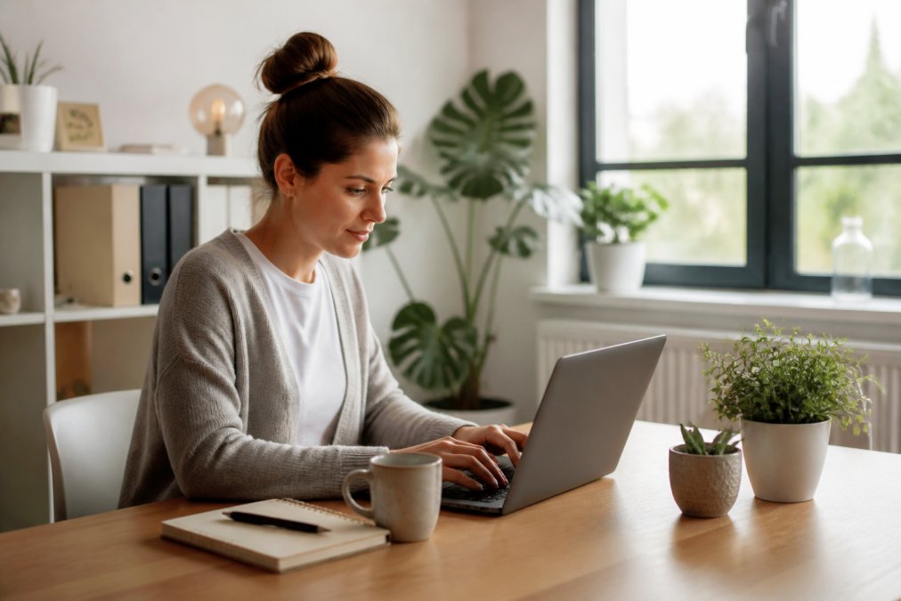 Unternehmerin arbeitet konzentriert an ihrer Website mit sicherem Webhosting im hellen Homeoffice-Büro.