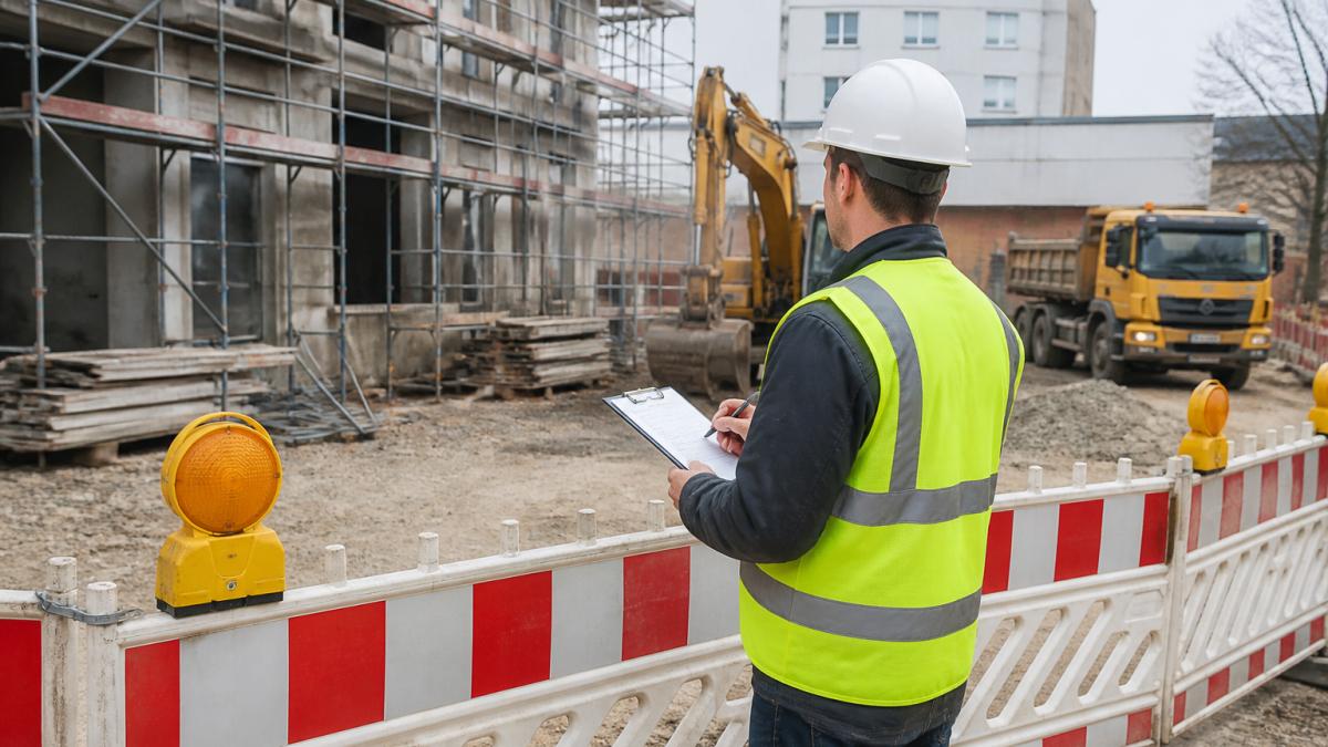 Ein SiGeKo mit Warnweste und Klemmbrett prüft Absperrungen und Warnschilder auf einer Baustelle, im Hintergrund Gerüst und Baufahrzeuge