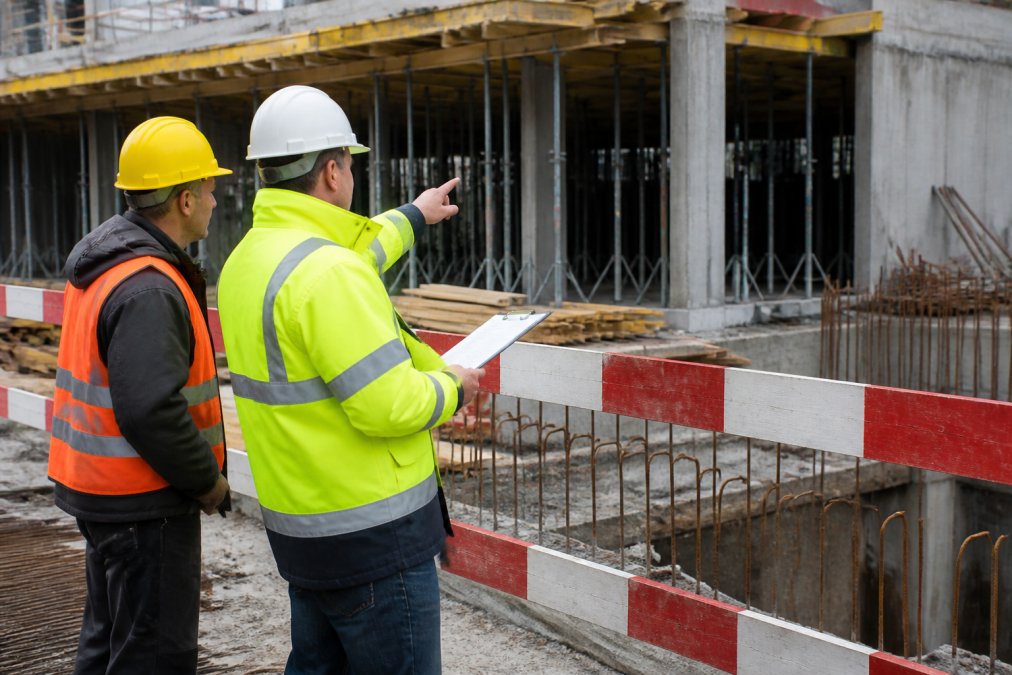 Bauarbeiter in Schutzausrüstung (Helm, Warnweste) überprüfen Sicherheitsmaßnahmen und Absperrungen auf einer aktiven Baustelle