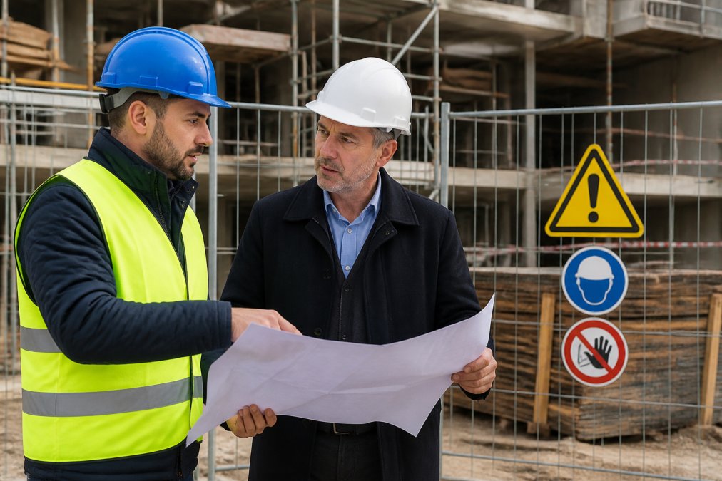 Sicherheitskoordinator und Bauherr besprechen Sicherheitsmaßnahmen auf einer Baustelle mit Bauzaun und Warnschildern im Hintergrund
