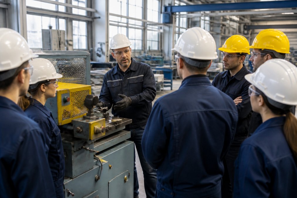 Betriebsleiter und Mitarbeiter in einer modernen Produktionshalle während einer Sicherheitsunterweisung, beide tragen Schutzausrüstung, aufmerksame Teilnehmer stehen um einen Arbeitsplatz herum während ein Sicherheitsbeauftragter eine Maschine erklärt, natürliche Beleuchtung durch große Fenster