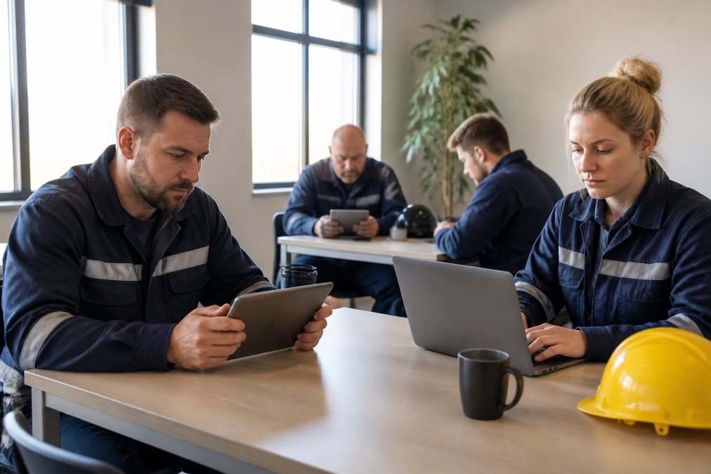 Mitarbeiter verschiedener Schichten nutzen ein Tablet und Laptop zur E-Learning-Schulung in der Arbeitspause, flexibel während ihrer Arbeitszeit in einer hellen Pausenraum mit modernem Mobiliar, konzentrierte Gesichtsausdrücke beim Lernen