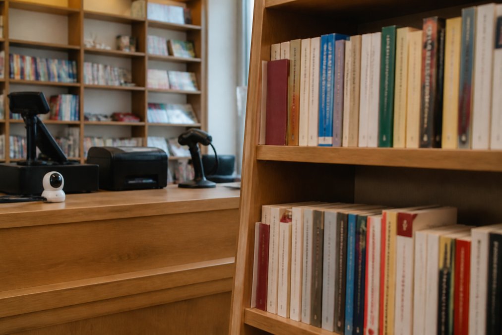 Libreria indipendente con scaffali di libri in primo piano e, sullo sfondo, un bancone con terminale POS, stampante fiscale e piccola telecamera di sorveglianza