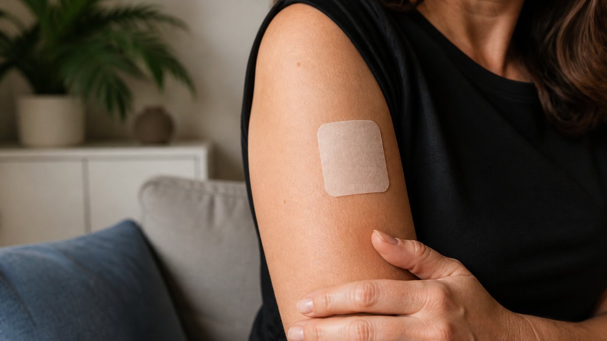 Close-up of a person's arm showing proper CBD patch application on clean, dry skin with calm clinical setting and natural lighting