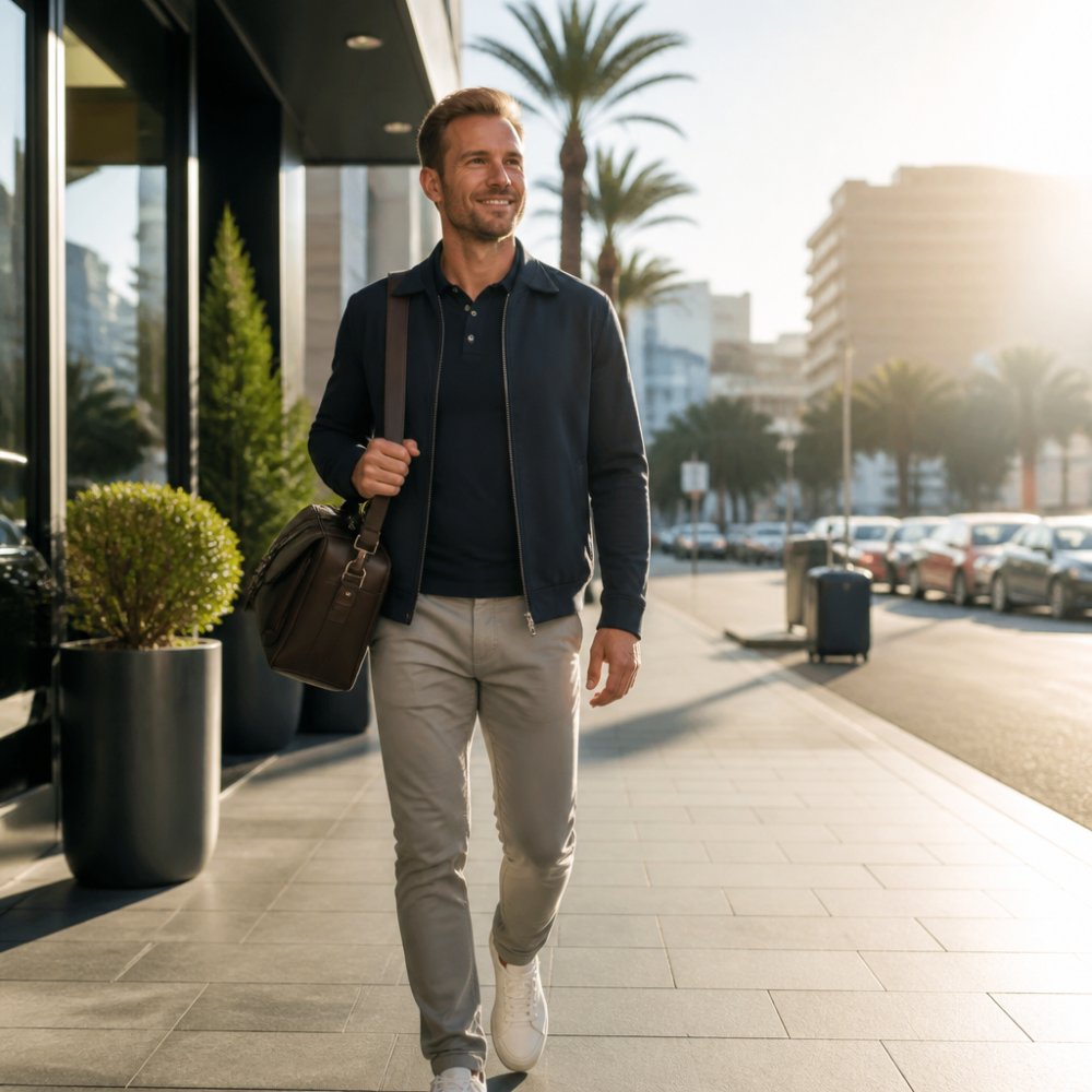 Business traveler walking outdoors in morning sunlight to help reset their internal clock after a long flight