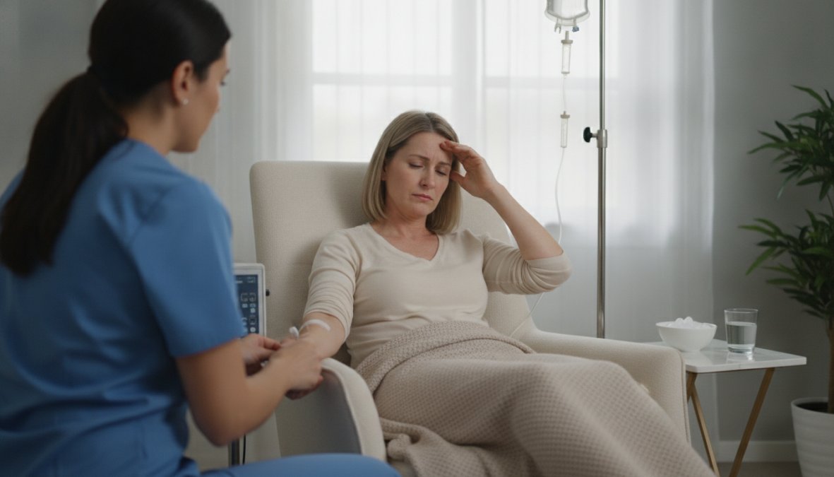 Healthcare provider administering an intravenous infusion to a patient in a clinical setting, with focus on the IV line and patient comfort