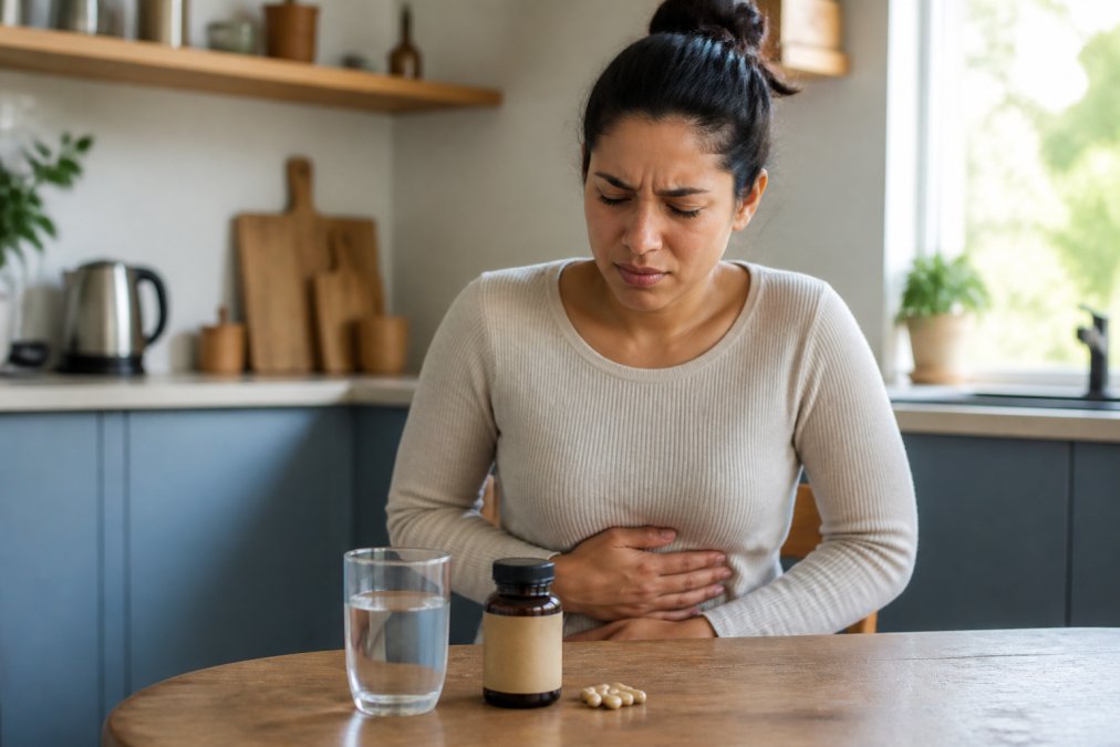 A person sitting at a kitchen table holding their stomach with a slight grimace, a glass of water and a bottle of mushroom supplement capsules nearby, soft natural light