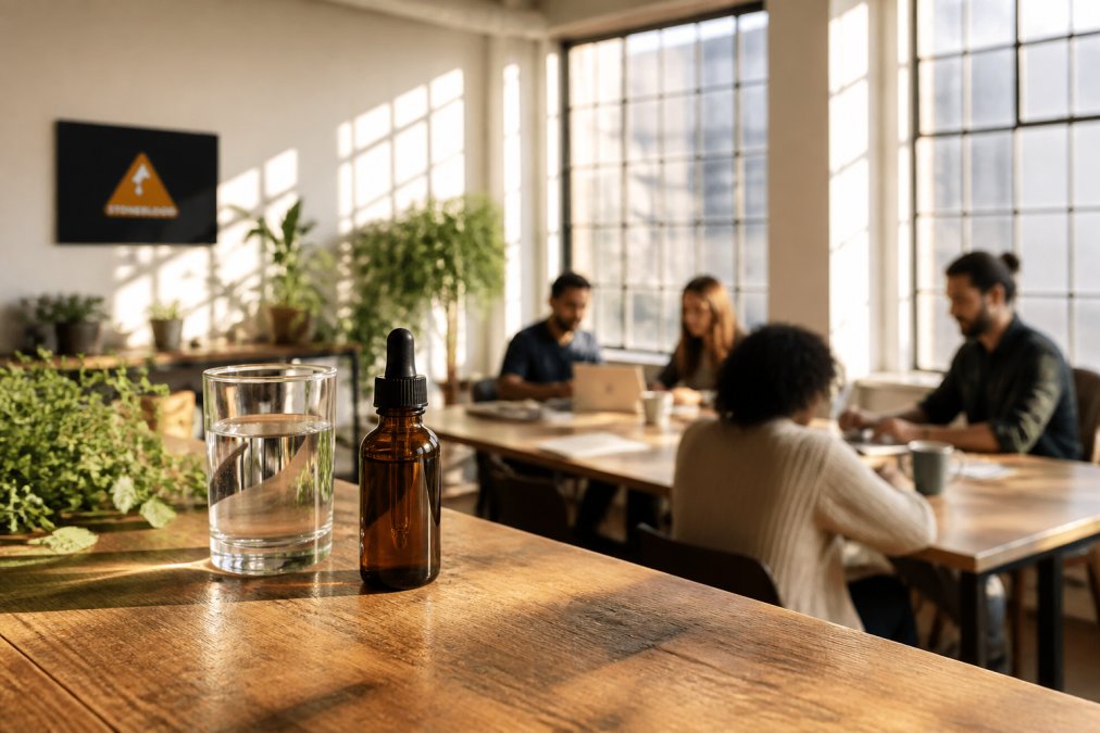 Amber dropper bottle of liquid supplement beside a glass of water and fresh herbs on a wooden counter