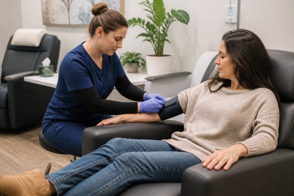 Nurse checking a patient's blood pressure during Spravato monitoring in a calm, comfortable clinical setting.