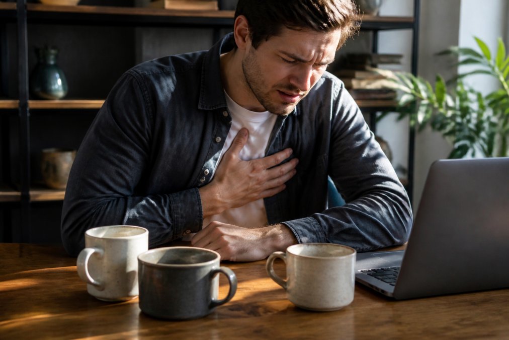 Close-up of a person sitting at a wooden desk, one hand pressed against their chest with a tense expression, surrounded by three empty ceramic coffee cups and a laptop glowing in soft afternoon light