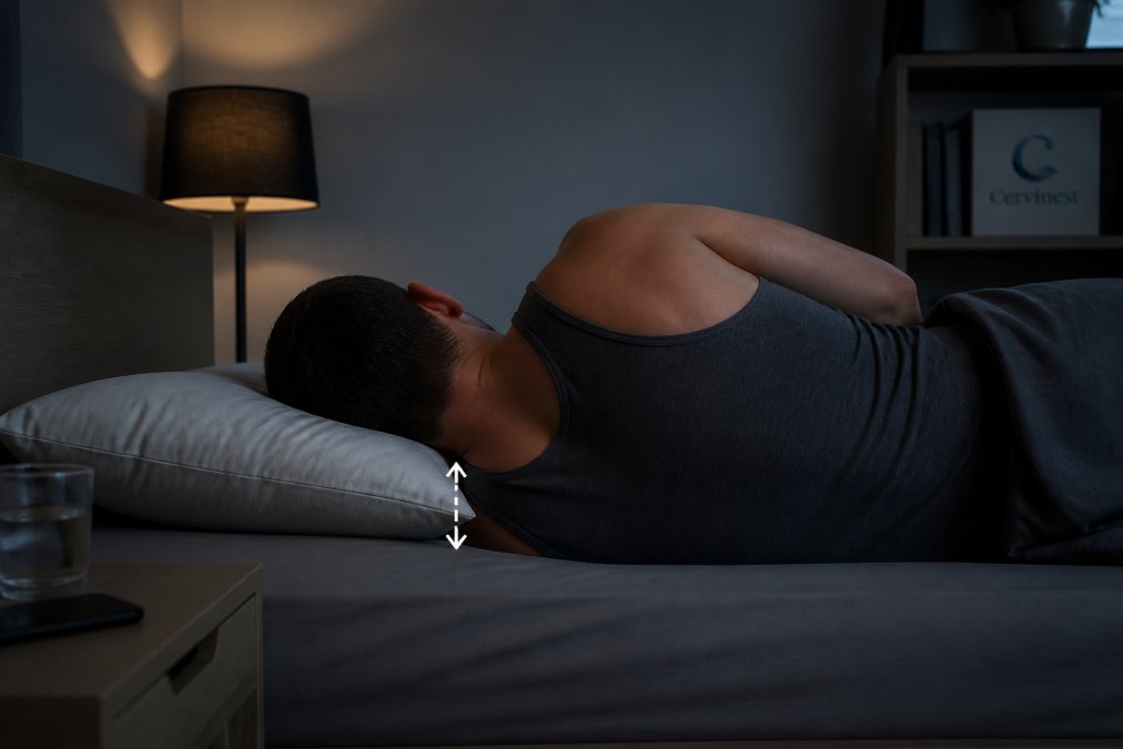 A side sleeper with broad shoulders lying on a bed in a dimly lit bedroom, showing the visible gap between their neck and the mattress surface, with a standard pillow compressed flat beside them