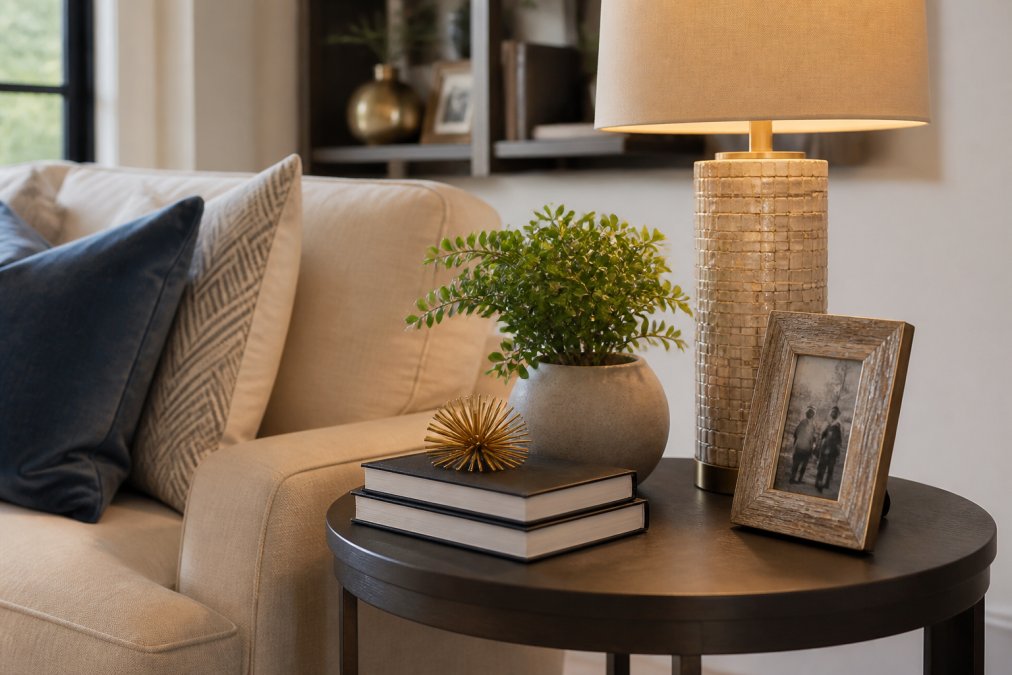 A styled side table in a modern drawing room with a ceramic table lamp with linen shade, a stack of three design books with coordinating spines, a small potted succulent in a matte planter, and a brass picture frame leaning at an angle, arranged on a walnut surface with warm afternoon light