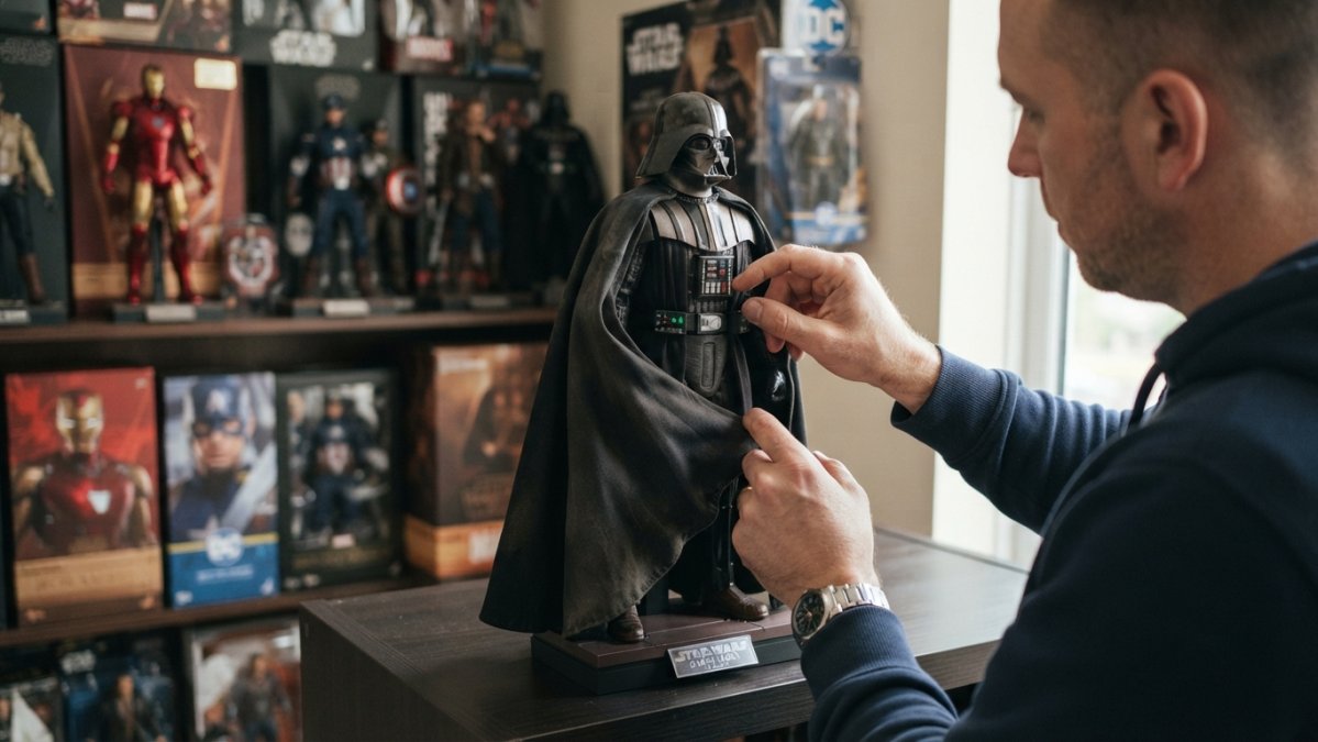 Close-up photo of a collector's hands adjusting the fabric cape and armored shoulder of a sixth-scale Hot Toys figure on a display stand, with other boxed figures blurred in the background on a shelf