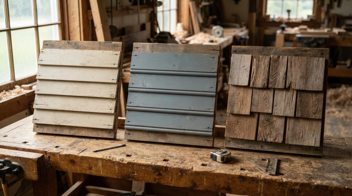 Close-up detail shots of three historic siding profiles side by side, clapboard with clean beveled edges, beaded siding with distinctive rounded edges, and cedar shake shingles with irregular textures and grain, displayed on an actual historic house exterior under natural daylight