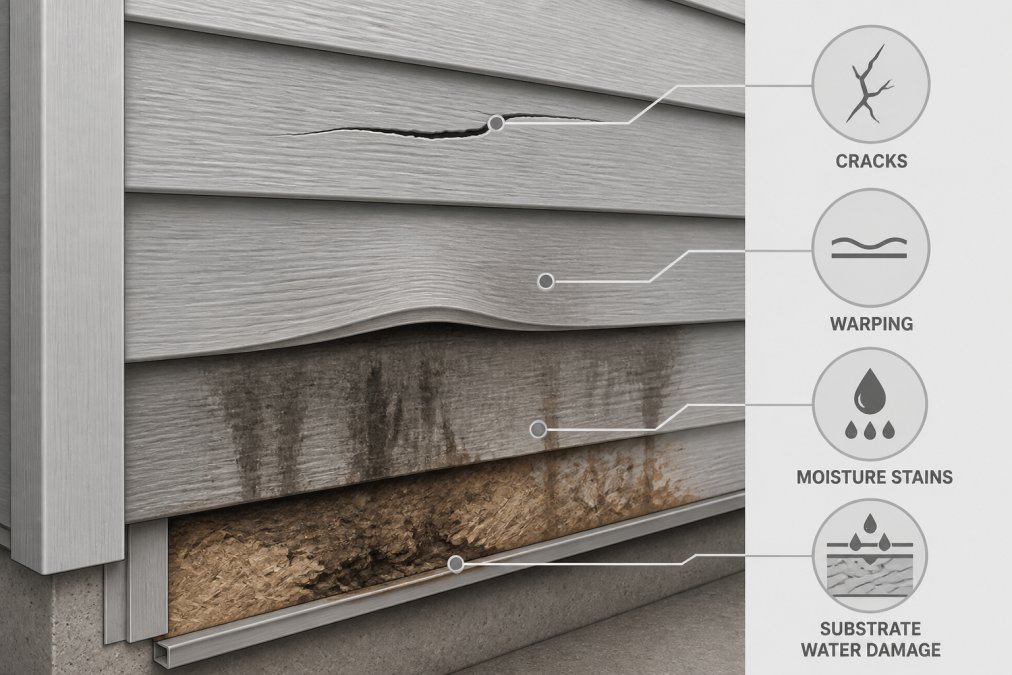 Close-up of residential siding showing visible cracks, warping, and dark moisture stains along the lower panel with water damage visible on the substrate