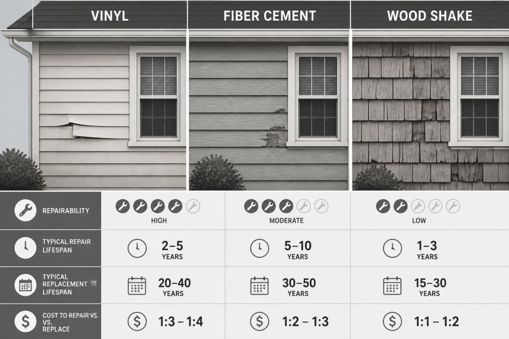 Residential home exterior showing three different siding materials side by side, vinyl panels on the left, fiber cement in the center, and wood shake shingles on the right, with varying weathering and wear patterns visible