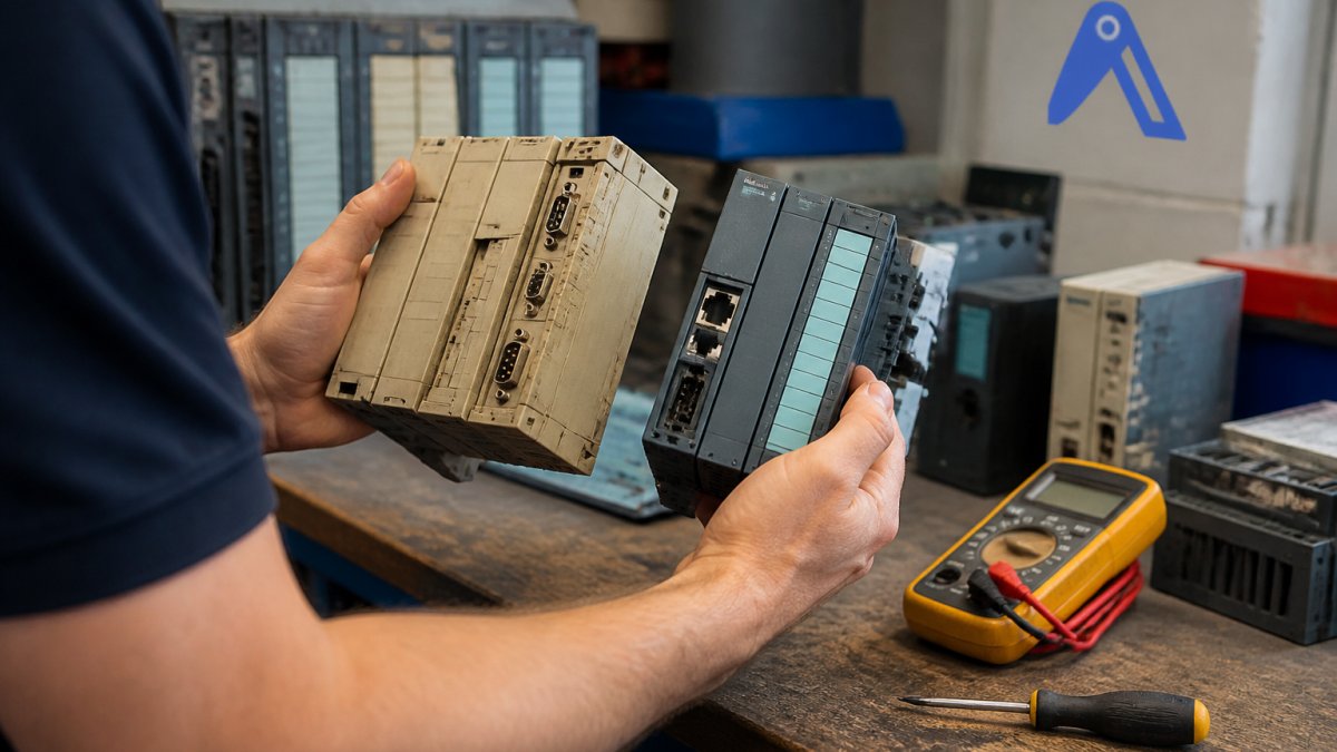 Engineer comparing Siemens S5 and S7 modules to visualize S5 vs S7 compatibility on a workshop workbench.