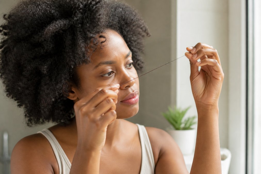 Close-up of a woman with coily textured hair gently stretching a single strand between her fingers, examining its elasticity in soft window light