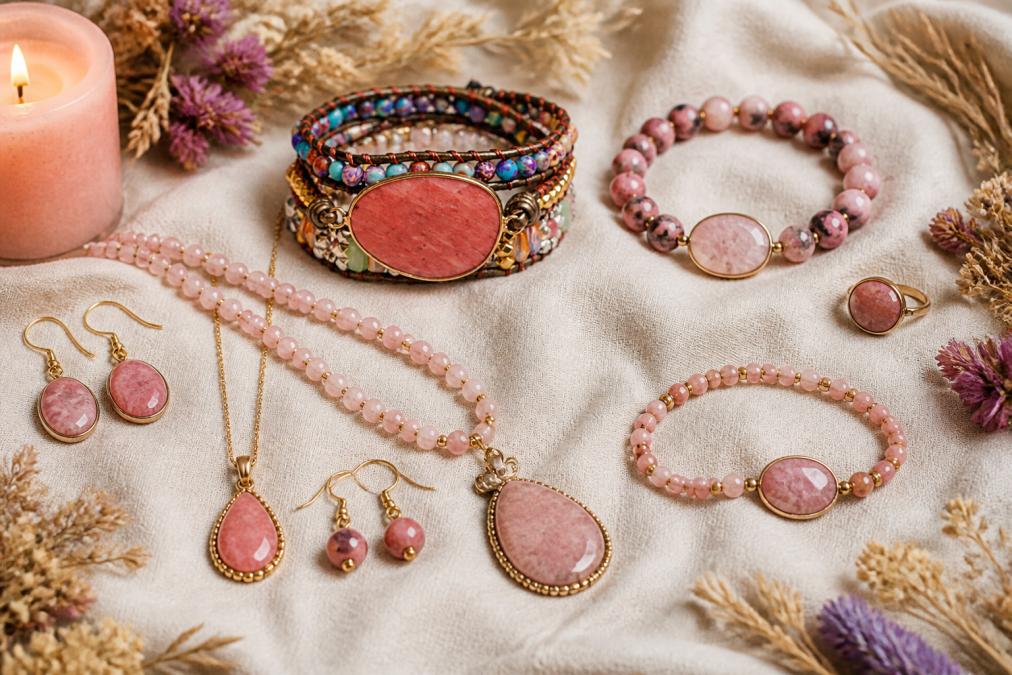 Close-up van meerdere rozenkwarts en rhodoniet sieraden, armbanden, kettingen en oorbellen, uitgespreid op een zacht linnen doek naast gedroogde bloemen en een brandende kaars