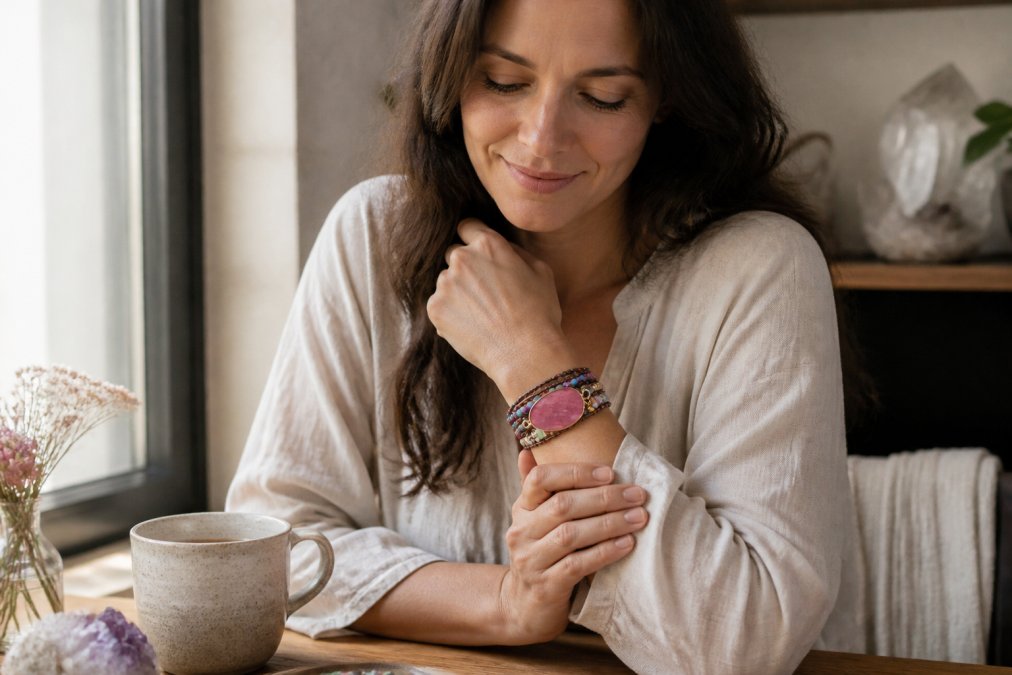 Een vrouw zit rustig aan een houten tafel met een kop thee, houdt haar pols met een rozenkwarts armband vast en kijkt glimlachend naar beneden, zachte ochtendlichtinval