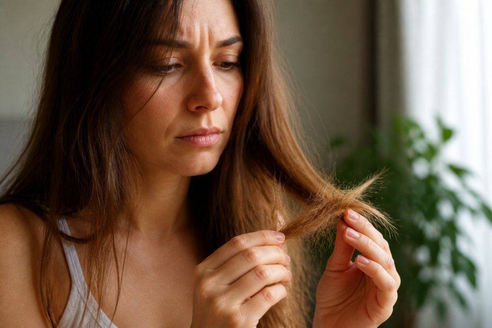 Primo piano di una donna che esamina i propri capelli fragili e sfibrati alla luce naturale, mostrando texture danneggiata e doppie punte