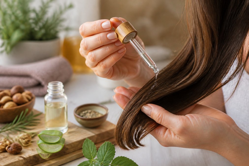 Dettaglio di una mano che applica delicatamente siero trasparente su una ciocca di capelli, con flacone di prodotto e ingredienti naturali sullo sfondo