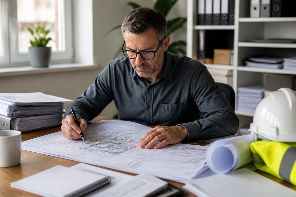 Ein Fachmann erstellt einen SiGe-Plan am Schreibtisch mit Bauplänen, Laptop und Unterlagen zur Gefährdungsbeurteilung, natürliche Bürobeleuchtung