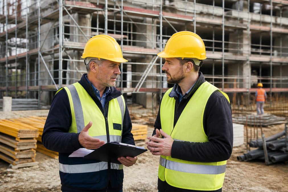 Ein SiGeKo und ein Bauleiter diskutieren auf einer aktiven Baustelle, beide tragen Schutzhelme und Warnwesten, im Hintergrund Baugerüste und Arbeitsbereiche