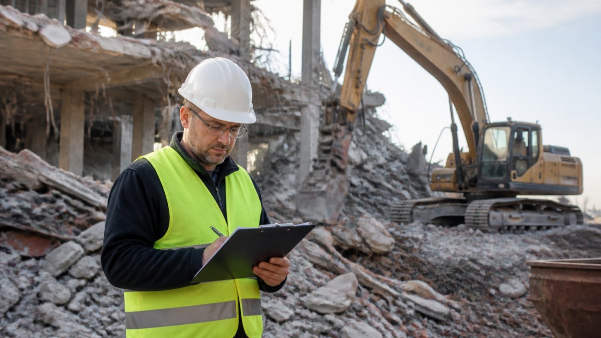 SiGeKo in Warnweste und Schutzhelm prüft auf einer Abbruchbaustelle mit Schutt und Bauschutt die Gefährdungsbeurteilung auf einem Klemmbrett, im Hintergrund ein Bagger