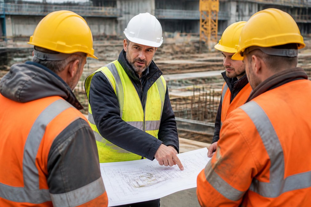 Sicherheitskoordinator in Schutzausrüstung (Helm, Warnweste) auf aktiver Baustelle, der mit Polieren und Arbeitern vor einem Sicherheitsplan steht und Baustellenmaßnahmen bespricht