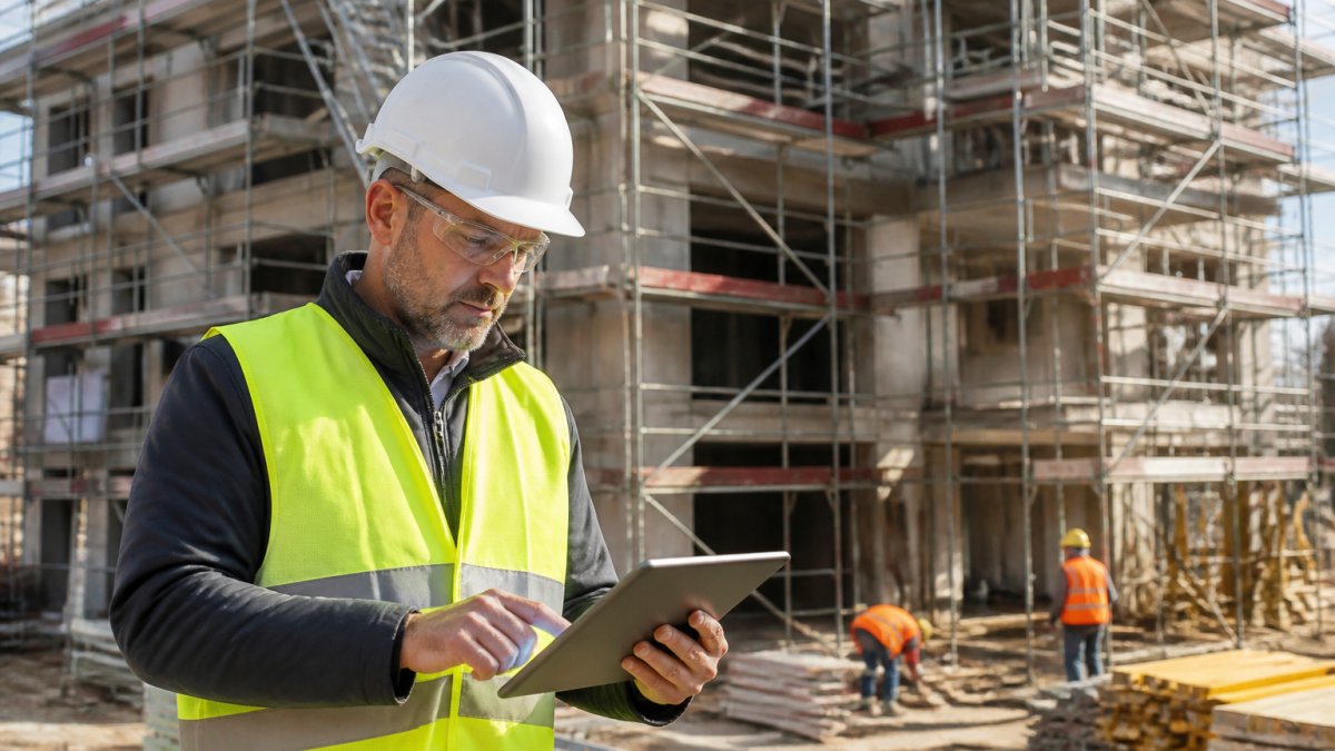 Ein SiGe-Koordinator mit Schutzhelm und Warnweste prüft auf einer Baustelle Unterlagen auf einem Tablet, im Hintergrund Gerüste und Bauarbeiter bei Tageslicht