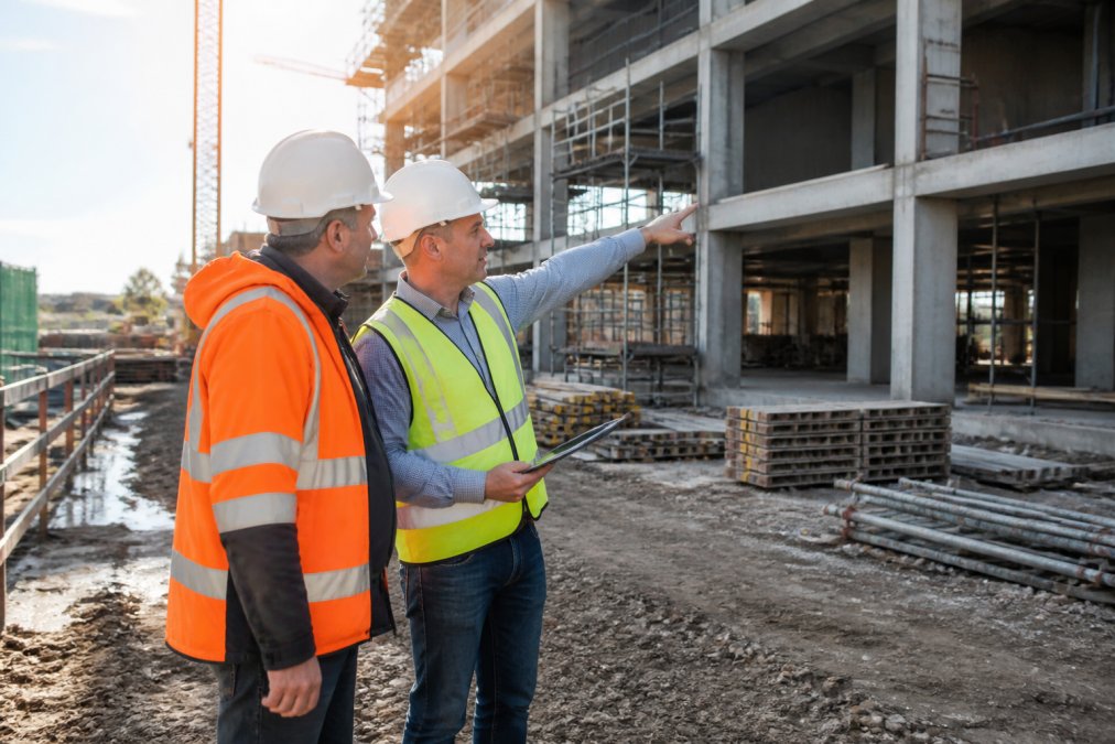 Bauleiter und Sicherheitskoordinator bei einer gemeinsamen Baustellenbegehung, beide mit Schutzhelmen und Warnwesten, inspizieren einen Baubereich und diskutieren Sicherheitsmaßnahmen