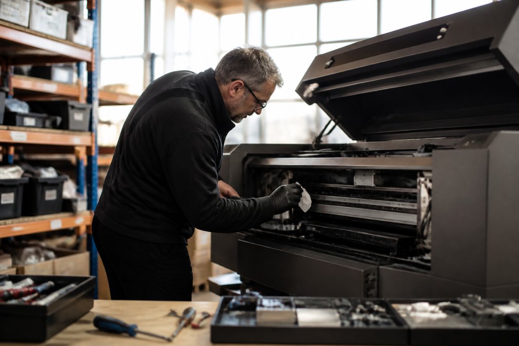 Experienced engineer carefully inspecting and cleaning a professional DTF printer in a well-organised workshop, with diagnostic tools and spare parts visible on nearby shelves, natural workshop lighting