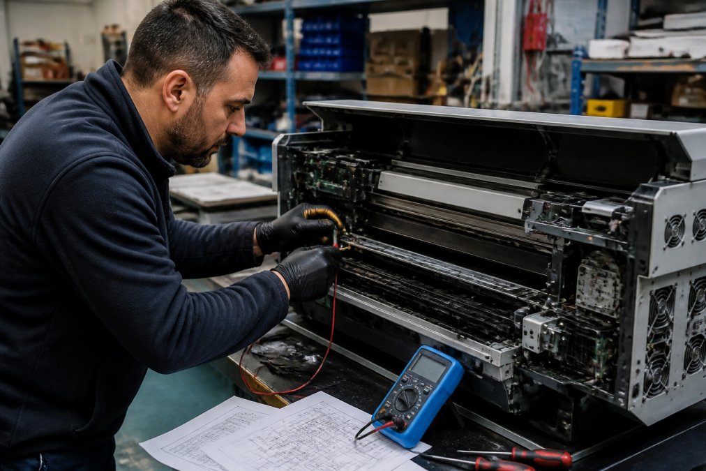 Skilled technician methodically diagnosing a professional laser printer, with diagnostic equipment and technical documentation visible, working with focused precision in a well-equipped workshop