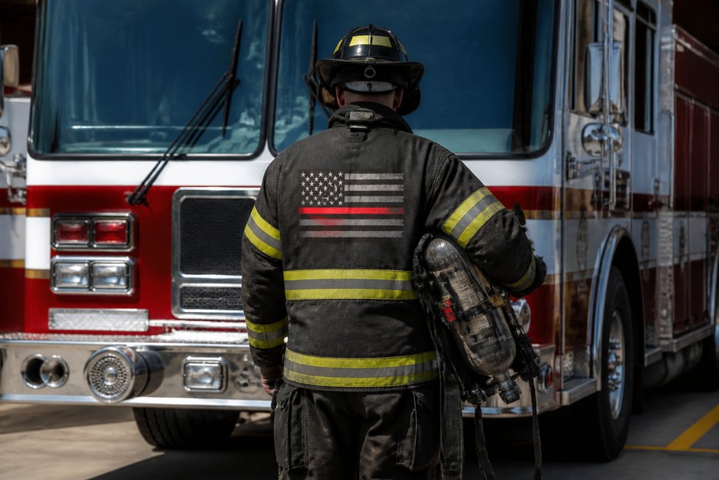 Firefighter in full turnout gear standing in front of fire truck, wearing thin red line insignia on chest and sleeve, with confident stance representing professional identity and service commitment
