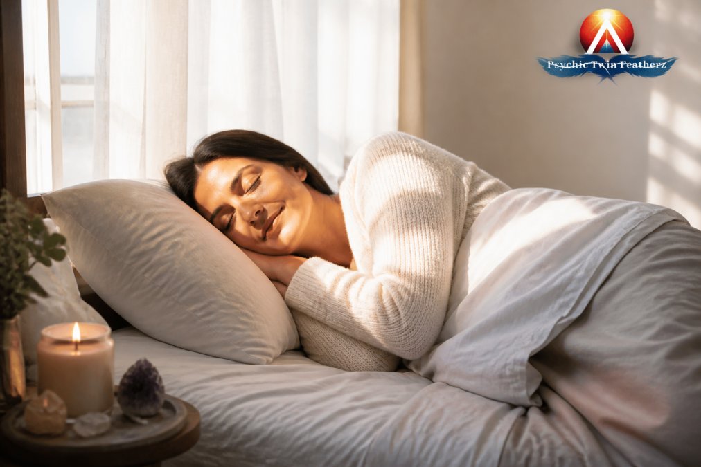 Signs a Loved One in Spirit Is Near 1 Person sleeping peacefully in soft morning light streaming through sheer curtains, with a calm, serene expression suggesting a meaningful dream or spiritual experience