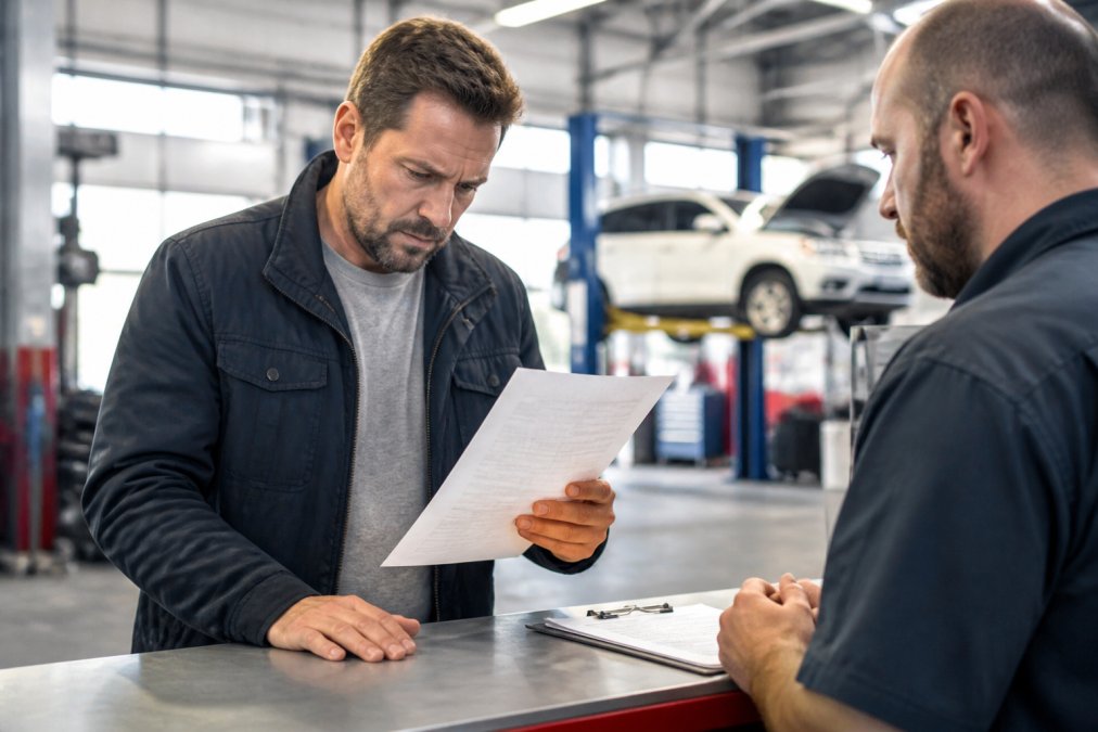 A concerned car owner reviewing a paper repair invoice at a service counter, looking closely at the line items with a skeptical expression under bright fluorescent shop lighting