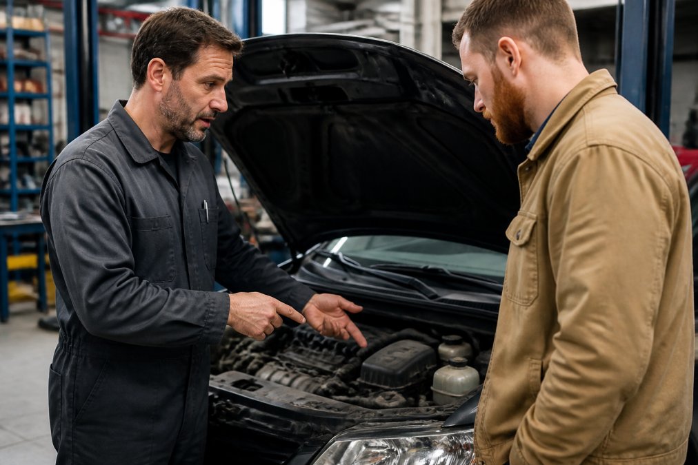A certified automotive technician in a clean shop uniform showing a customer the engine bay of a vehicle and explaining a component, both looking engaged in conversation under bright workshop lighting