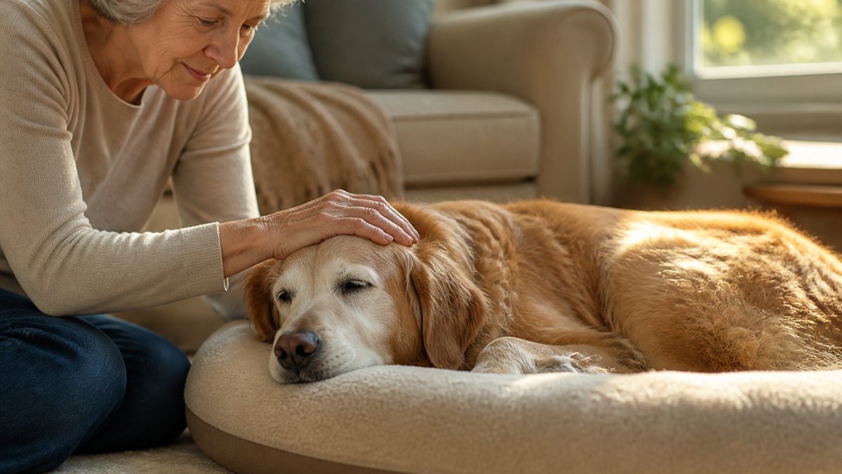 An elderly owner gently stroking a senior golden retriever resting on a soft orthopedic bed in a sunlit room.