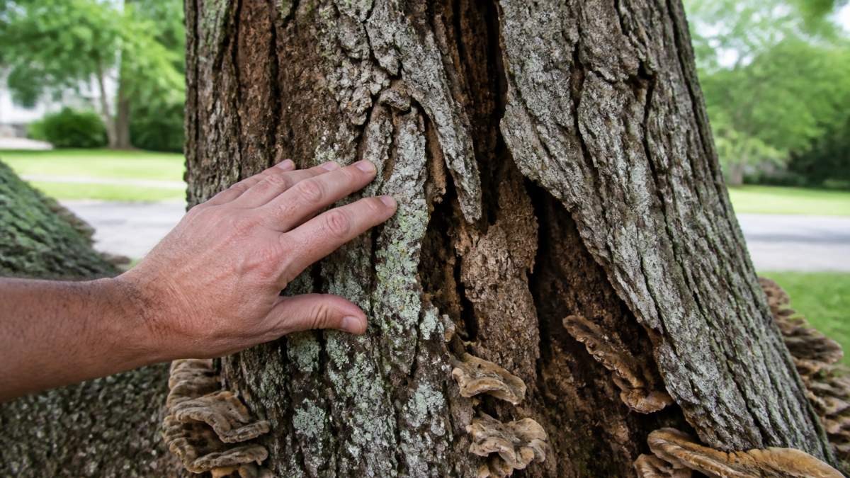 Close-up of a tree trunk showing a large vertical crack and fungal growth at the base, with a hand touching the damaged bark in daylight