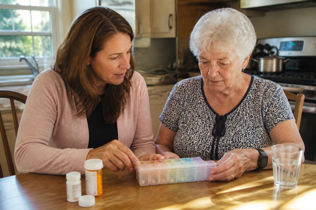 An adult child sitting beside an elderly parent at a kitchen table, gently reviewing a pill organizer together, warm afternoon light coming through a window, both looking at the medication organizer with care