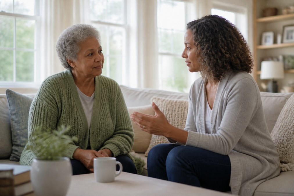 A multigenerational family having a calm, attentive conversation in a bright living room, an elderly woman listening thoughtfully while her adult daughter speaks to her with a warm, respectful expression, afternoon light through curtained windows