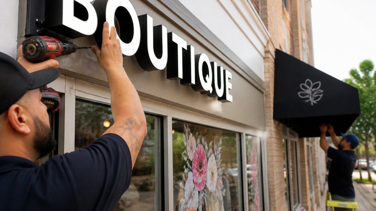 Busy street-level view of a small retail storefront with illuminated channel letters, bright window graphics, and an awning sign attracting pedestrian foot traffic during daytime