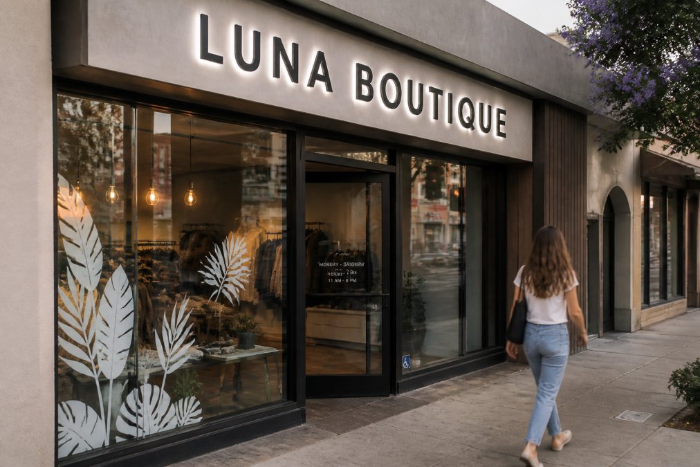 Illuminated channel letter signs for small retail shops in Los Angeles above a storefront entrance.