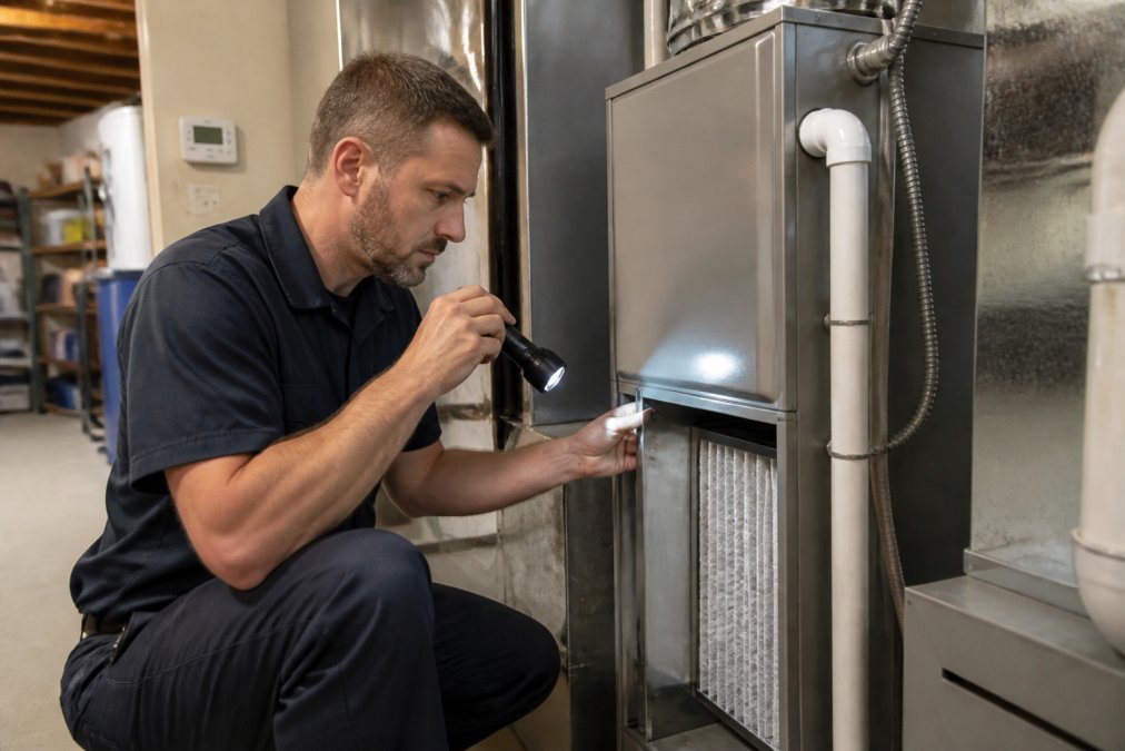 A homeowner kneeling beside a residential furnace in a clean basement, holding a flashlight and checking the air filter slot, with a thermostat visible on the wall behind