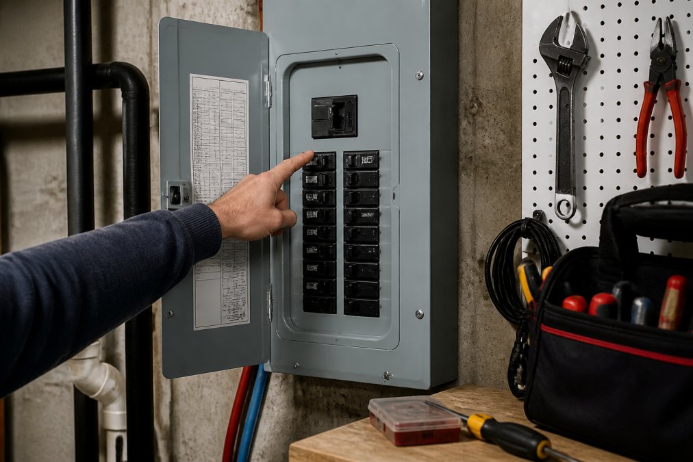 Homeowner's hand pointing to the HVAC circuit breaker switch in an electrical panel mounted on a basement wall