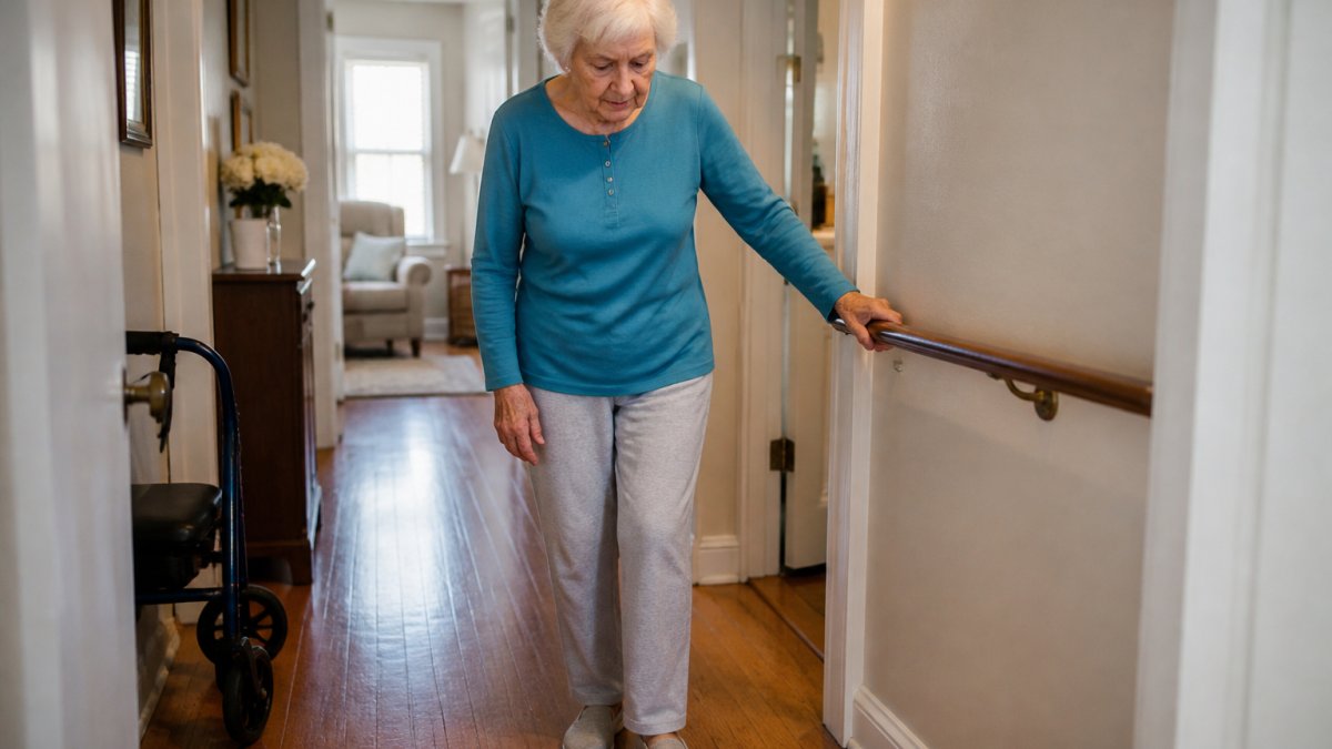 Older adult holding onto a handrail while walking carefully through a hallway, showing cautious posture and balance support
